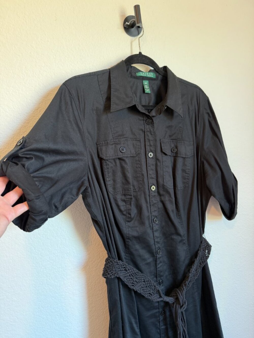 Lauren Ralph Lauren Black Cotton Shirt Dress 16W Utility Safari Midi Roll Tab Sl - Picture 5 of 7